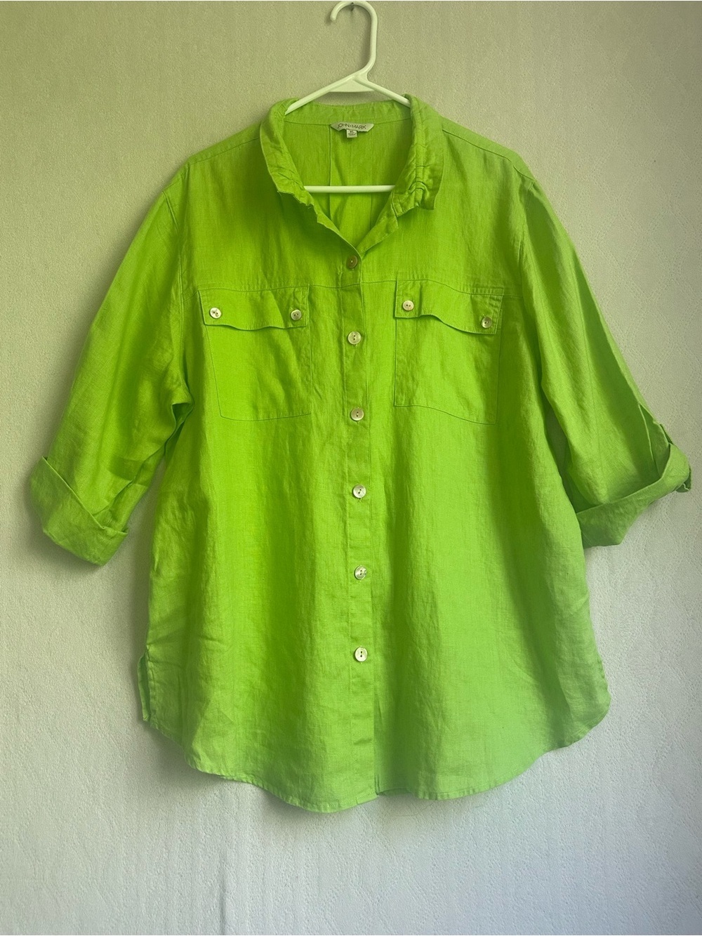 John Mark Women's 100% Linen Chartreuse Green Button-Front Top Shirt Sz XL